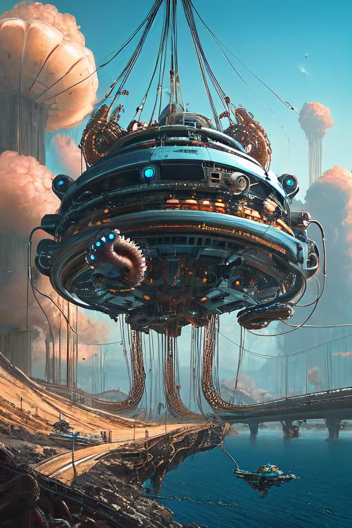 05818-1870719159-mechanical octopus jellyfish spaceship with long tendrils, lots of hanging cables and wires, sci - fi concept art, by john harri.png